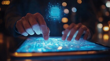 Leinwandbilder - Interactive touch display showcasing futuristic digital data analysis on a tablet in dim light : Generative AI