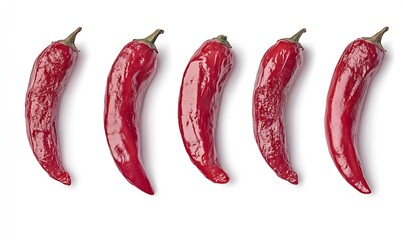 Poster - Artistic arrangement of five shiny red chili peppers isolated on a white background for culinary visuals : Generative AI