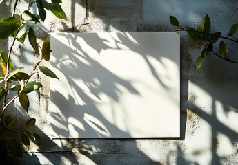 Fototapete - Wooden wall adorned with vibrant shadows cast by green leaves over a blank canvas for artistic inspiration : Generative AI
