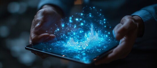 Fototapete - Dynamic visualization of data with glowing blue elements on a tablet in hands with a blurred background : Generative AI