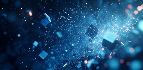 Fototapete - Abstract 3D rendering of glowing cubes in a shimmering blue and silver space : Generative AI