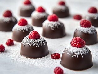 Aufkleber - Delicious handmade chocolate treats topped with fresh raspberries and coconut flakes for sweet indulgence : Generative AI