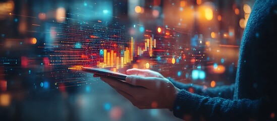 Leinwandbilder - A person holding a smartphone displaying vibrant data visualizations with an urban night backdrop : Generative AI