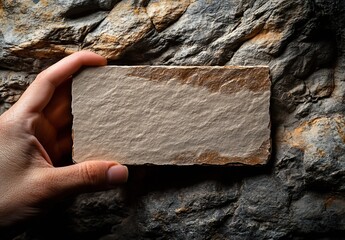 Aufkleber - Hand Holding a Natural Stone Slate Against a Textured Rock Background for Creative Design : Generative AI