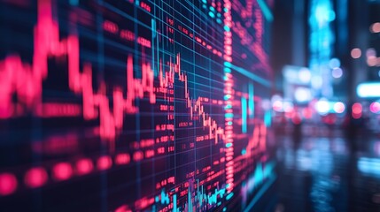 Fototapete - Dynamic financial chart displaying stock market trends with vibrant neon colors and data points in focus : Generative AI