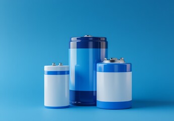 Poster - Three blue and white batteries in varying sizes arranged on a bright blue background for product display and marketing : Generative AI