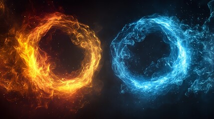 Fototapete - Dynamic fiery and icy elemental circular effects showcasing the contrast between fire and water : Generative AI