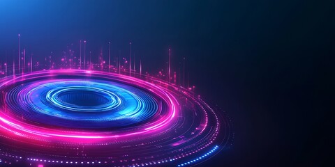 Aufkleber - Futuristic digital interface glowing in pink and blue tones with circular patterns illustrating technology : Generative AI