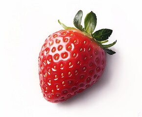 Poster - Vibrant red strawberry with lush green leaves captured in high detail on a soft white background : Generative AI