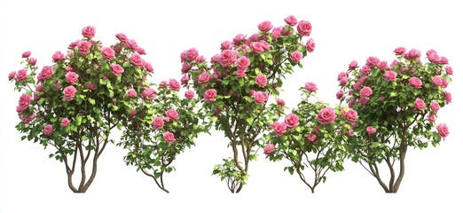 Poster - Multiple pink rose bushes in varied shapes flourishing with life amidst rich green foliage in a garden setting : Generative AI