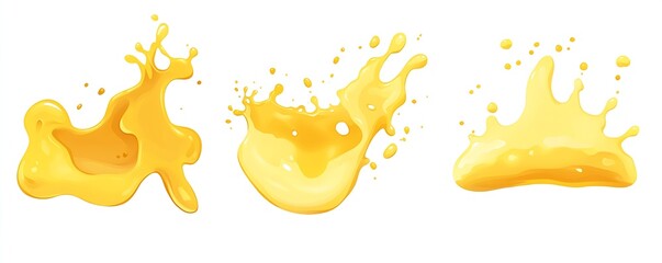 Poster - Three abstract cartoonish splashes of yellow liquid with a smooth texture creating an artistic composition : Generative AI