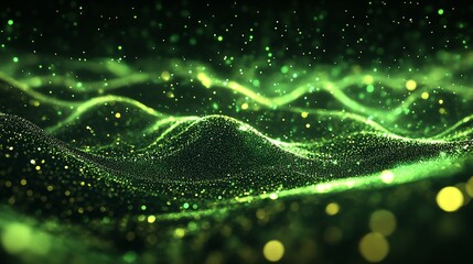 Aufkleber - Enchanting green waves with glowing particles creating an otherworldly atmosphere in a surreal landscape : Generative AI