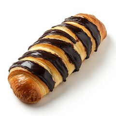 Poster - Delectable chocolate croissant pastry drizzled with rich chocolate sauce on a bright background : Generative AI