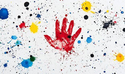 Aufkleber - Vibrant abstract art featuring a handprint surrounded by colorful paint splatters creating an energetic composition : Generative AI