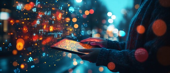 Leinwandbilder - Hands holding tablet displaying bright data visualization in urban environment at night : Generative AI