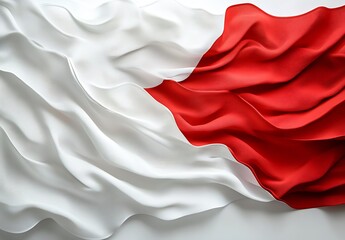 Poster - Beautiful fabric waving in the air showcasing the red and white flag in elegant folds of satin and silk : Generative AI