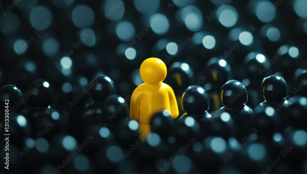 Yellow figure standing out from a crowd of black figures symbolizing ...
