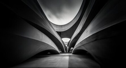 Poster - Abstract background with curved architectural forms in monochrome. Depth and perspective are created by smooth, flowing shapes.