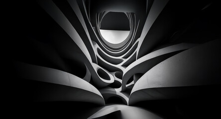 Poster - Abstract background featuring flowing, curvilinear architectural forms in black and white. A modern, artistic visual with depth and shadow play.