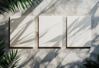 Poster - Three empty canvases arranged on a textured wall illuminated by soft shadows and surrounded by green foliage : Generative AI
