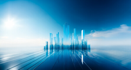 Leinwandbilder - Abstract background featuring blue hues and geometric shapes suggesting a futuristic skyline.  The image evokes a sense of modern technology and ethereal calmness.