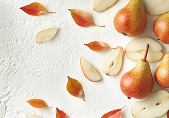 Poster - Fresh and Juicy Pears with Colorful Fall Leaves Arranged on a Light Textured Background : Generative AI