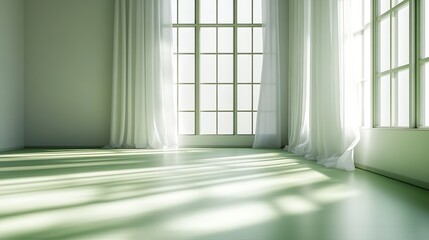 Aufkleber - Contemporary minimalistic space with large windows allowing soft light to illuminate wooden floor : Generative AI