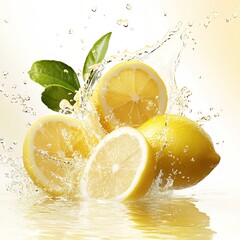 Aufkleber - Citrus Lemons with Leaves Surrounded by Splashing Water for a Fresh Look : Generative AI