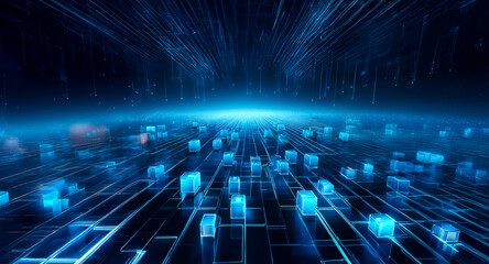 Leinwandbilder - A futuristic, abstract background with luminous blue cubes and lines creating a digital landscape. Dynamic perspective and illuminated flow.
