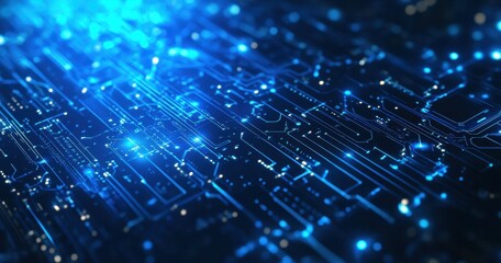 Wall Mural - abstract digital blue circuit board background with glowing lights and highlighted connections for t