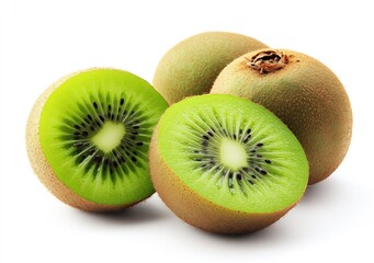Aufkleber - Freshly sliced kiwi fruits revealing juicy green flesh with seeds against a bright background : Generative AI