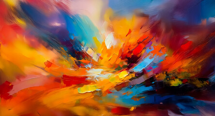Poster - Abstract background with intense, vivid colors blending in dynamic brushstrokes, creating an energetic and textured artistic expression.