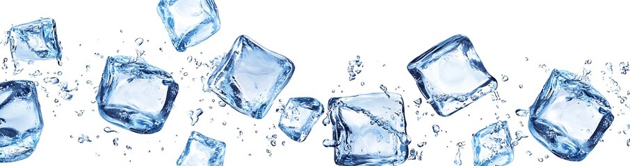 Fototapete - Impressive Display of Ice Cubes in MidAir with Water Droplets Capturing a Refreshing Moment for Visual Appeal : Generative AI