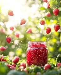 Poster - Fresh strawberries splashing from a jar in a sunlit garden creating a vibrant summer scene : Generative AI