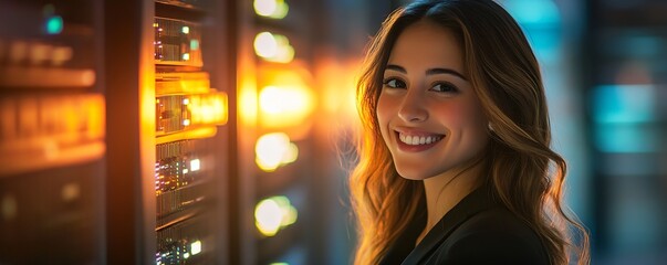 Fototapete - Smiling young woman standing next to glowing server racks in a modern technology environment showcasing digital innovation : Generative AI