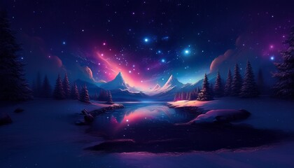 Aufkleber - Vibrant night scene with snow-covered mountains and pine trees. A serene river reflects the colorful, starry sky filled with nebulae. A tranquil winter landscape.