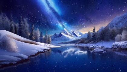 Aufkleber - A serene winter night landscape with snow-covered mountains and trees. The starry sky and milky way are reflected in the calm lake, creating a tranquil scene.