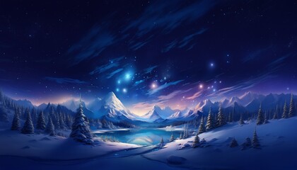 Aufkleber - A serene winter night scene shows snow-covered mountains reflecting in a calm lake under a star-filled sky. Pine trees dot the snowy landscape creating a peaceful, cold atmosphere.