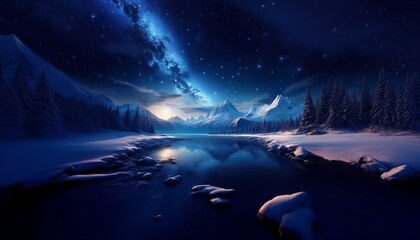 Aufkleber - Serene winter night landscape with snow-covered mountains and trees lining a calm river that reflects the starry sky and milky way.
