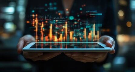 Aufkleber - Closeup image of person holding tablet with augmented reality data analytics displayed : Generative AI