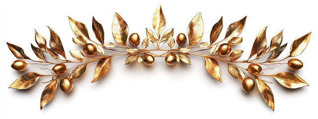 Leinwandbilder - Elegant golden olive branch decoration with lush leaves and shiny fruit against a clean white background : Generative AI