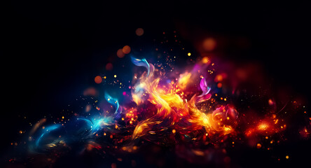 Leinwandbilder - Abstract colorful flames with bokeh lights and sparks on a black background, creating a dynamic and vibrant effect.