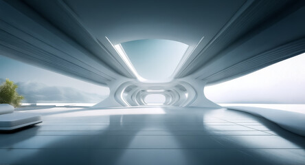 Poster - Serene futuristic white corridor with smooth curves and natural light streaming through a skylight, offering a glimpse of a distant landscape.