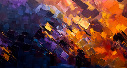 Poster - Abstract painting with bold brushstrokes and geometric shapes in vibrant purple, blue, orange, and yellow hues. Dynamic composition with textured surface.