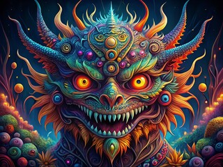  Night Monster Doodle Art: Nature-Inspired Bold Pattern Stock Photo