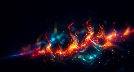 Fototapete - Vibrant image of abstract flames in red, orange, and blue hues set against a dark backdrop, creating a dynamic and energetic visual.