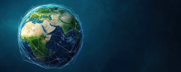 Fototapete - A digital illustration of Earth, surrounded by glowing network lines, symbolizing connectivity and technology in a dark blue background.