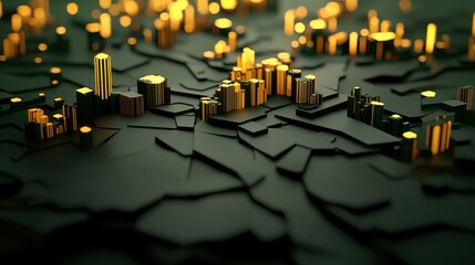 Fototapete - A stylized 3D representation of a cityscape at night, featuring illuminated buildings against a textured dark surface.