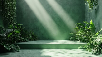 Wall Mural - empty natural green backdrop with soft lighting, perfect for displaying sustainable products in a fr