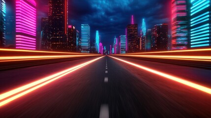 Fototapete - A futuristic cityscape illuminated by vibrant neon lights, showcasing a sleek road leading into a captivating skyline under a dramatic sky.